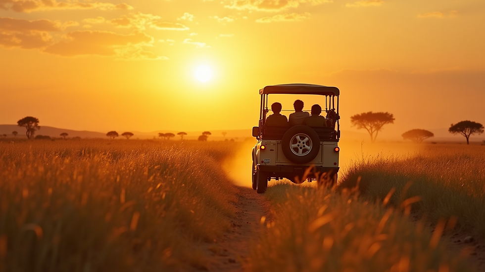 Wide angle view of a safari jeep driving through golden grasslands at sunset