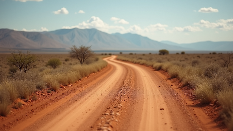 Wide angle view of winding gravel road through Namibian savannah