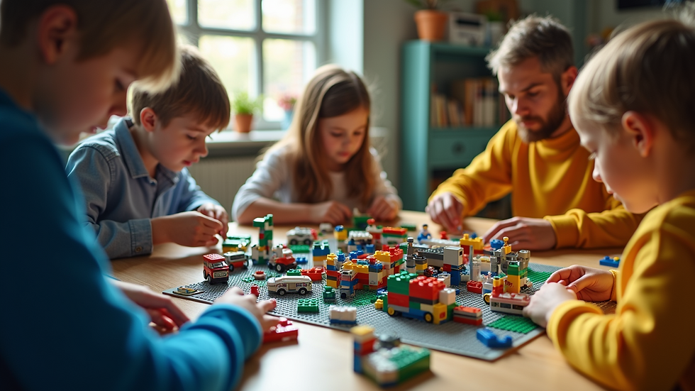High angle view of a group around a table building Lego models