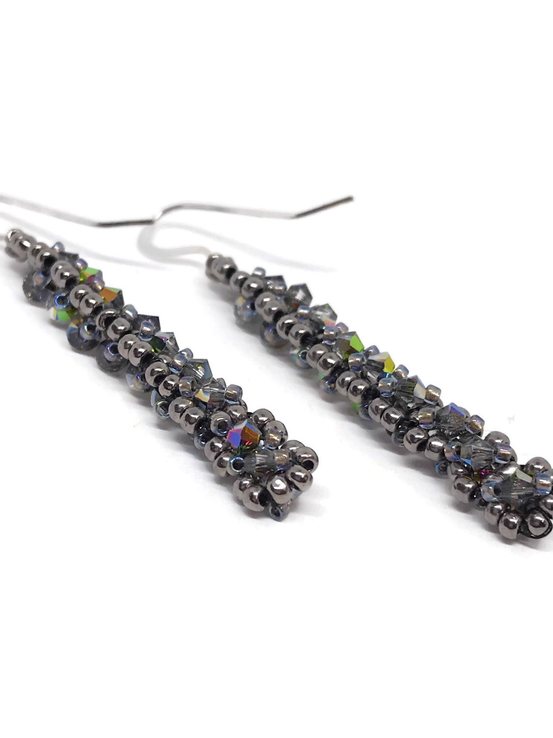 Woven Crystal Dark Silver Bar Earrings 