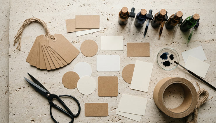Overhead view of paper labels, ink samples, and small blank tags on a stone counter