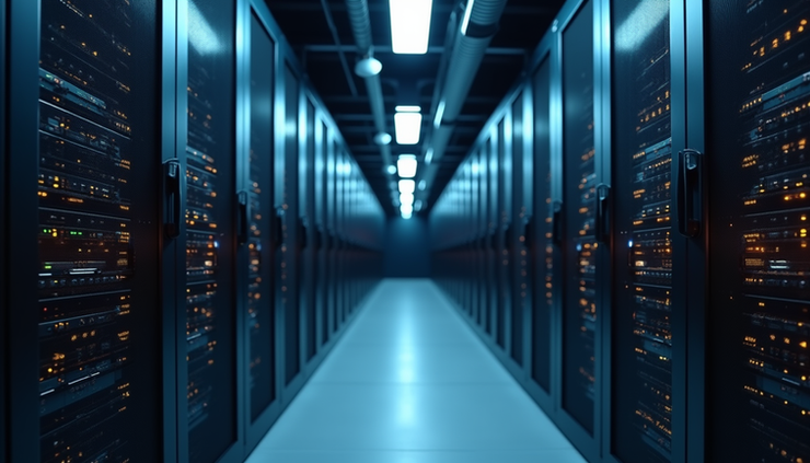 Eye-level view of a sleek data center rack with cloud infrastructure equipment