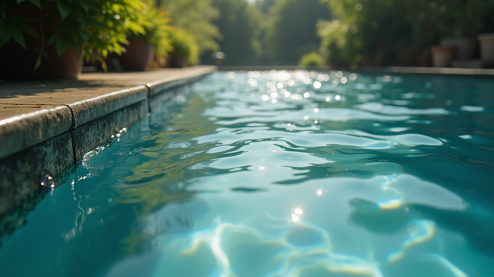 Weitwinkelaufnahme eines naturnahen Schwimmteichs mit klaren Wasserflächen und umgebender Bepflanzung