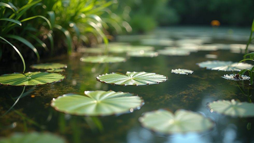 Close-up view of a natural swimming pond filter zone with aquatic plants