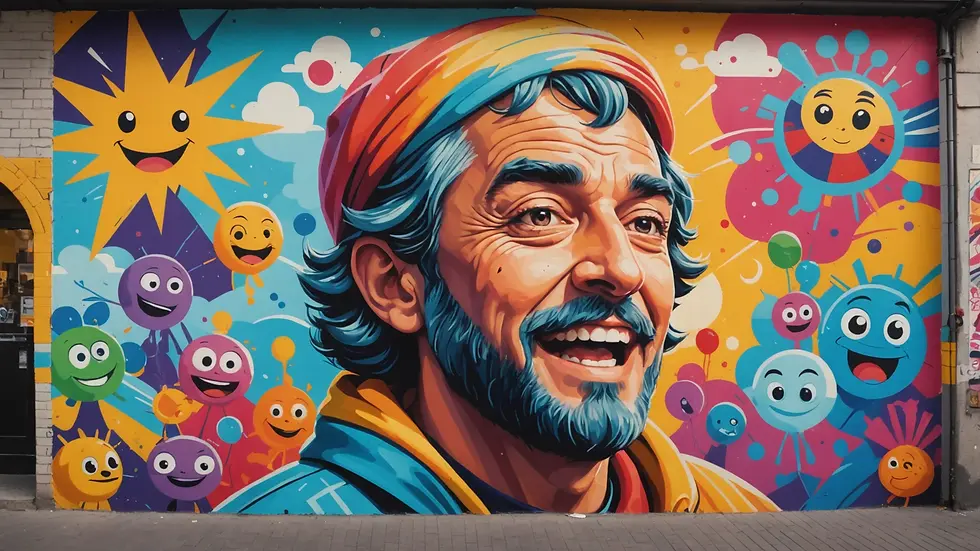 Close-up view of a colorful mural featuring a meme-inspired character