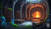 Stone cavern workshop with a fireplace and workbench