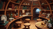 Cozy circular library with wooden shelves and gold coins.