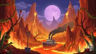 Steamboat on a river of lava under a full moon