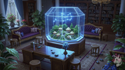 Miniature village in a glass terrarium with glowing stars.
