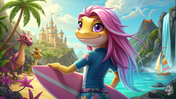 Surfing gecko character with pink hair near a castle