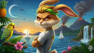 Animated rabbit with blonde hair in front of a volcano landscape