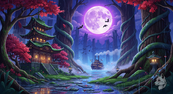 Fantasy pagoda nestled in a forest under a full moon