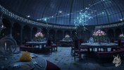 Mystical dining hall with glowing constellations and runes