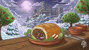 Stuffed bread loaf on a platter with a castle background