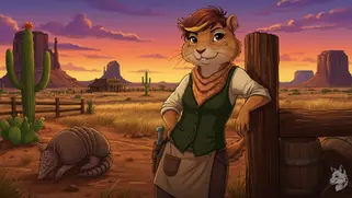 Anthropomorphic squirrel in western attire in a desert landscape