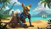 Anthropomorphic kangaroo in silver armor on a beach