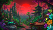 Fantasy landscape with a Japanese pagoda and large insects.