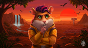 Thinking hamster character in a desert landscape at sunset.