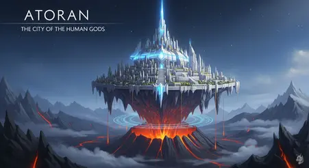 Atoran: The City of the Human Gods floating over a volcano