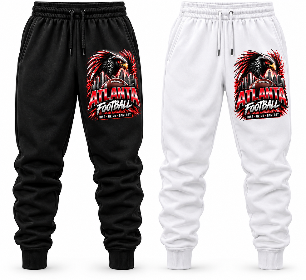 Black and white jogger sweatpants featuring a fierce red falcon gripping a football with a city skyline and bold text reading