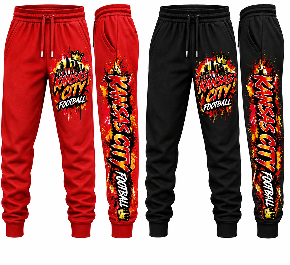 Red and black Kansas City football joggers with skyline, crown, and bold “Kansas City Football” design.