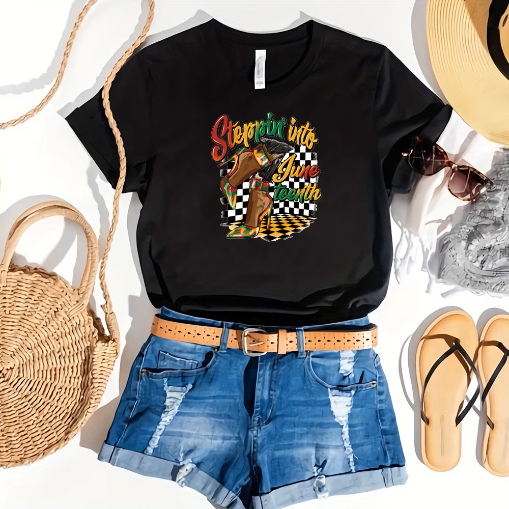 Celebrate freedom in style with the Steppin’ Into Juneteenth Tee — bold, colorful, and full of pride.