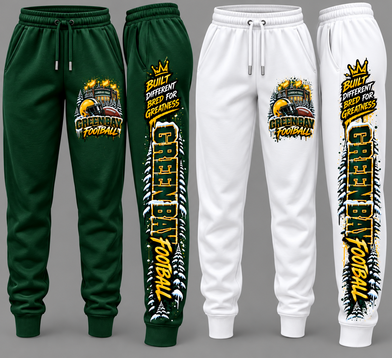Dark green or white joggers featuring Lambeau Field, football helmet, and evergreen trees with yellow‑green splashe
