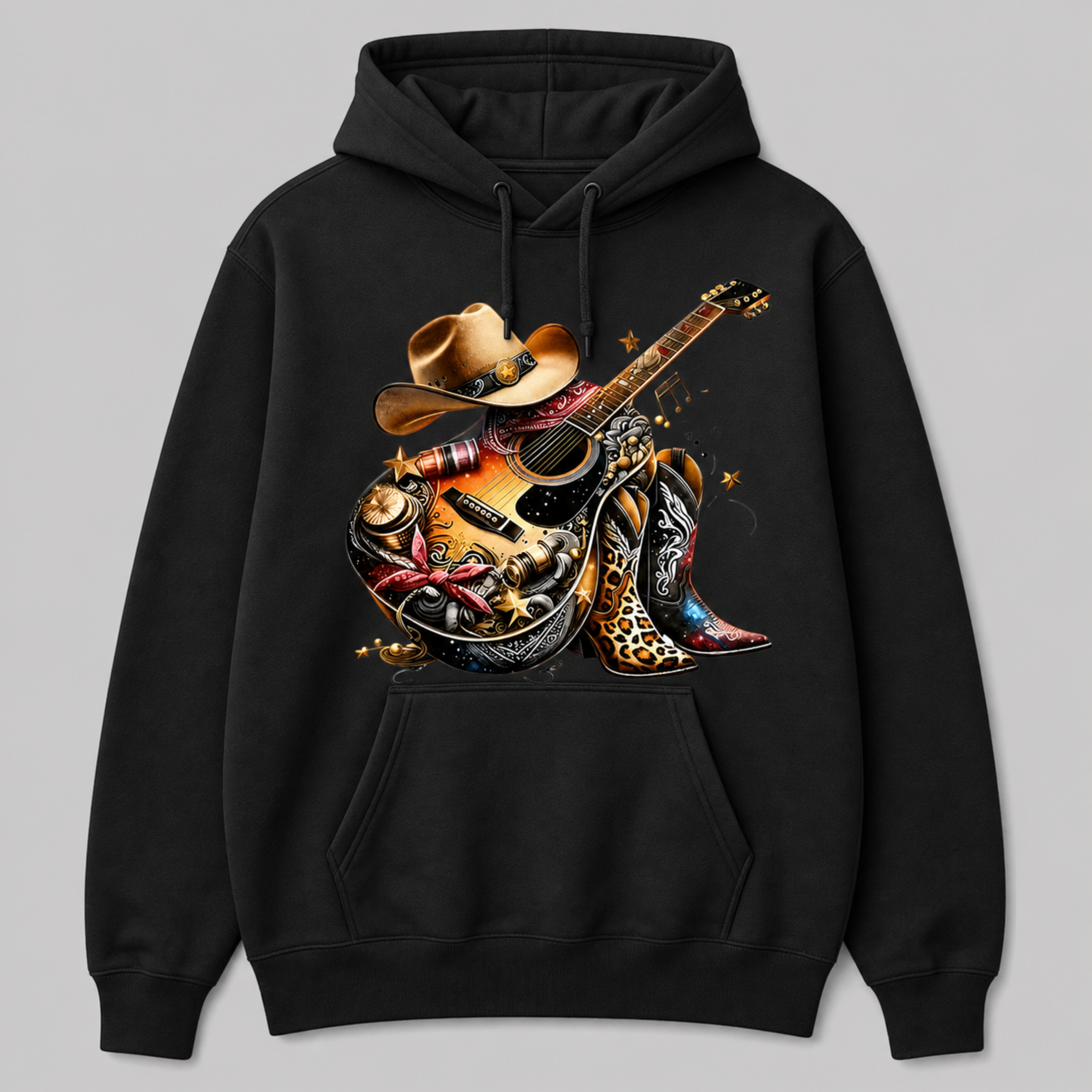 Heavyweight hoodie featuring a detailed Western‑style guitar design with cowboy hat, boots, and bandana acce