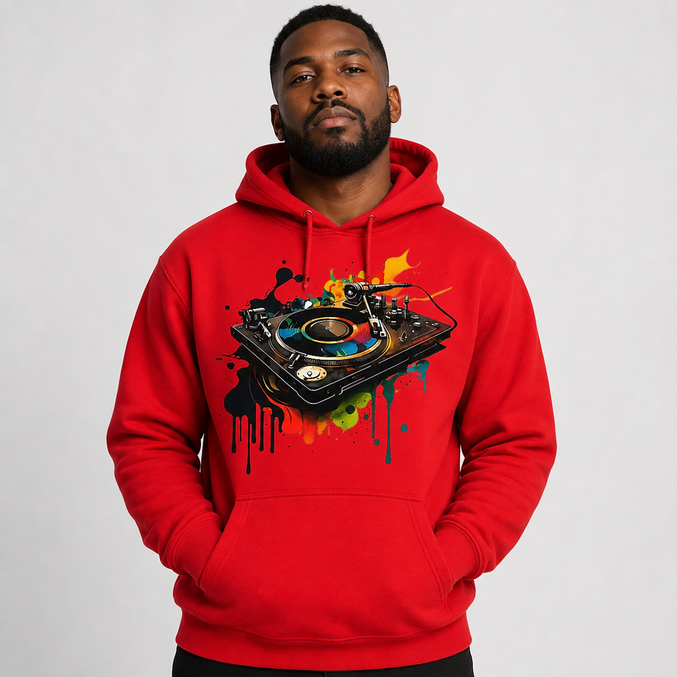 Thumbnail: Red hoodie with dynamic DJ turntable artwork and multicolor splashes — bright, confident, and made for music lov