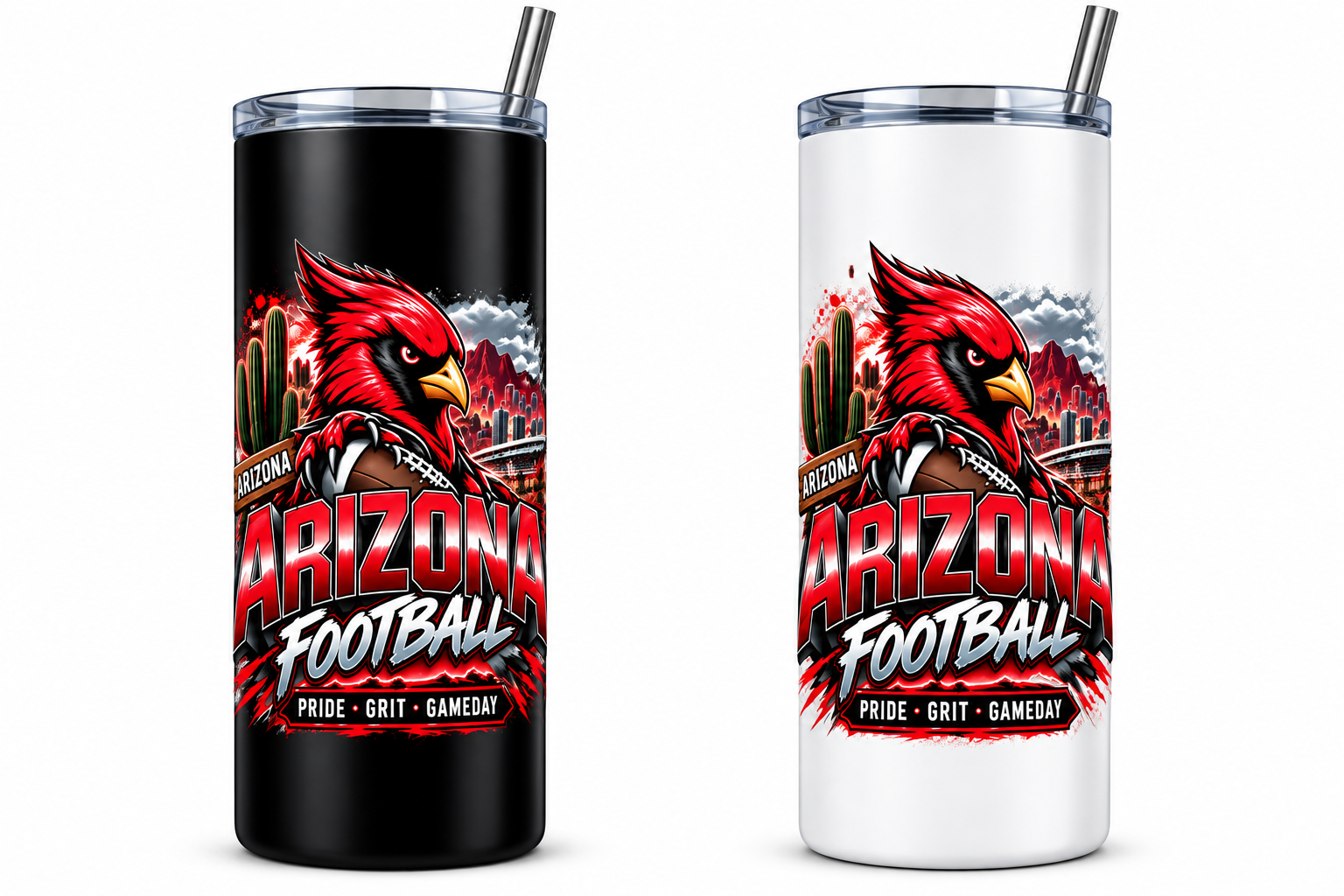 Black and white 20oz tumblers featuring a fierce red cardinal gripping a football with a desert skyline and cactus backdrop.