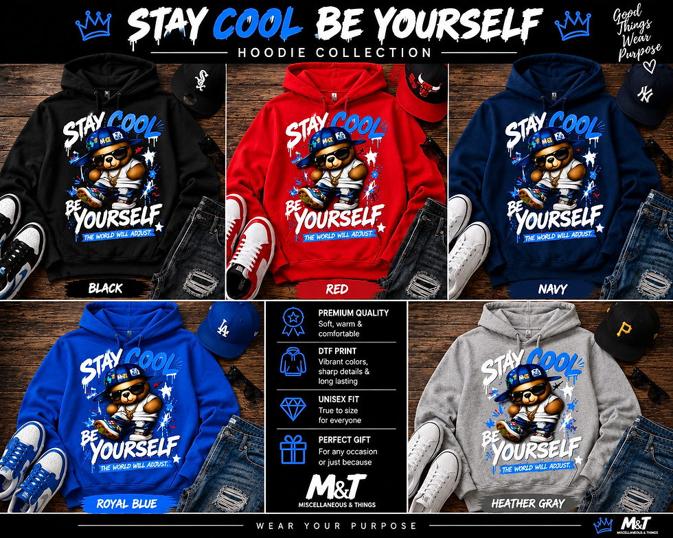 Five hoodies in black, red, navy, royal blue, and heather gray featuring a cartoon bear wearing sunglasses and a cap with the