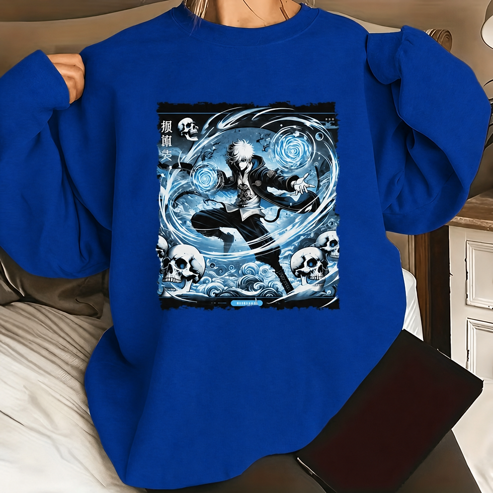 Thumbnail: Bright blue sweatshirt featuring an anime-style white-haired character surrounded by swirling blue energy and skulls, with dy