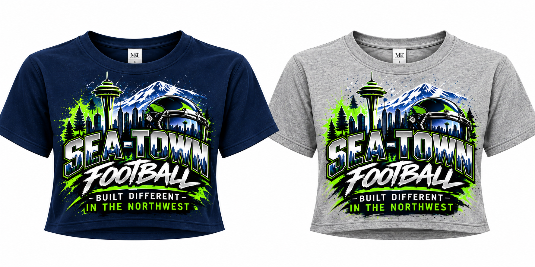 Sea‑Town football crop tee featuring Seattle skyline, Space Needle, mountain backdrop, and “Built Different in the Northwest”