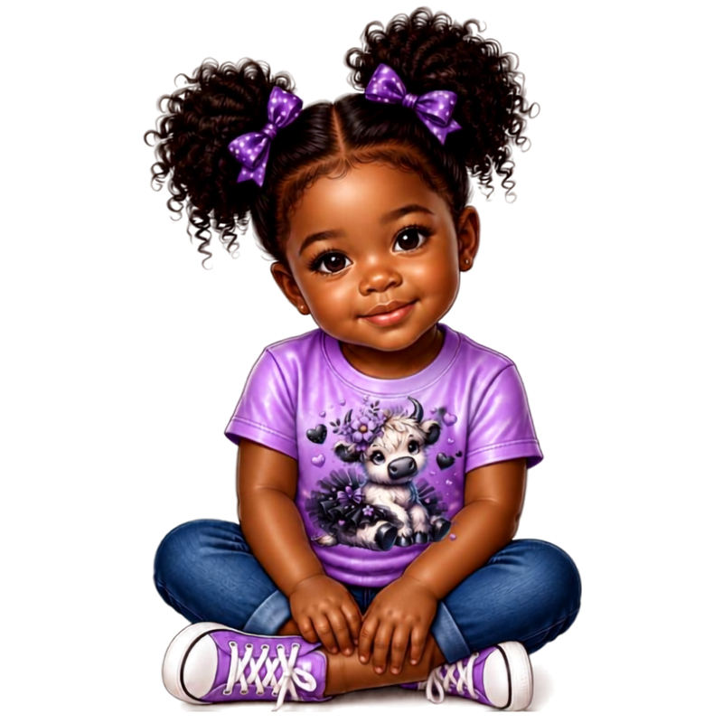 Thumbnail: Smiling toddler wearing a viol t‑shirt featuring a cute baby cow with a purple flower crown and black tutu surrounded by purp