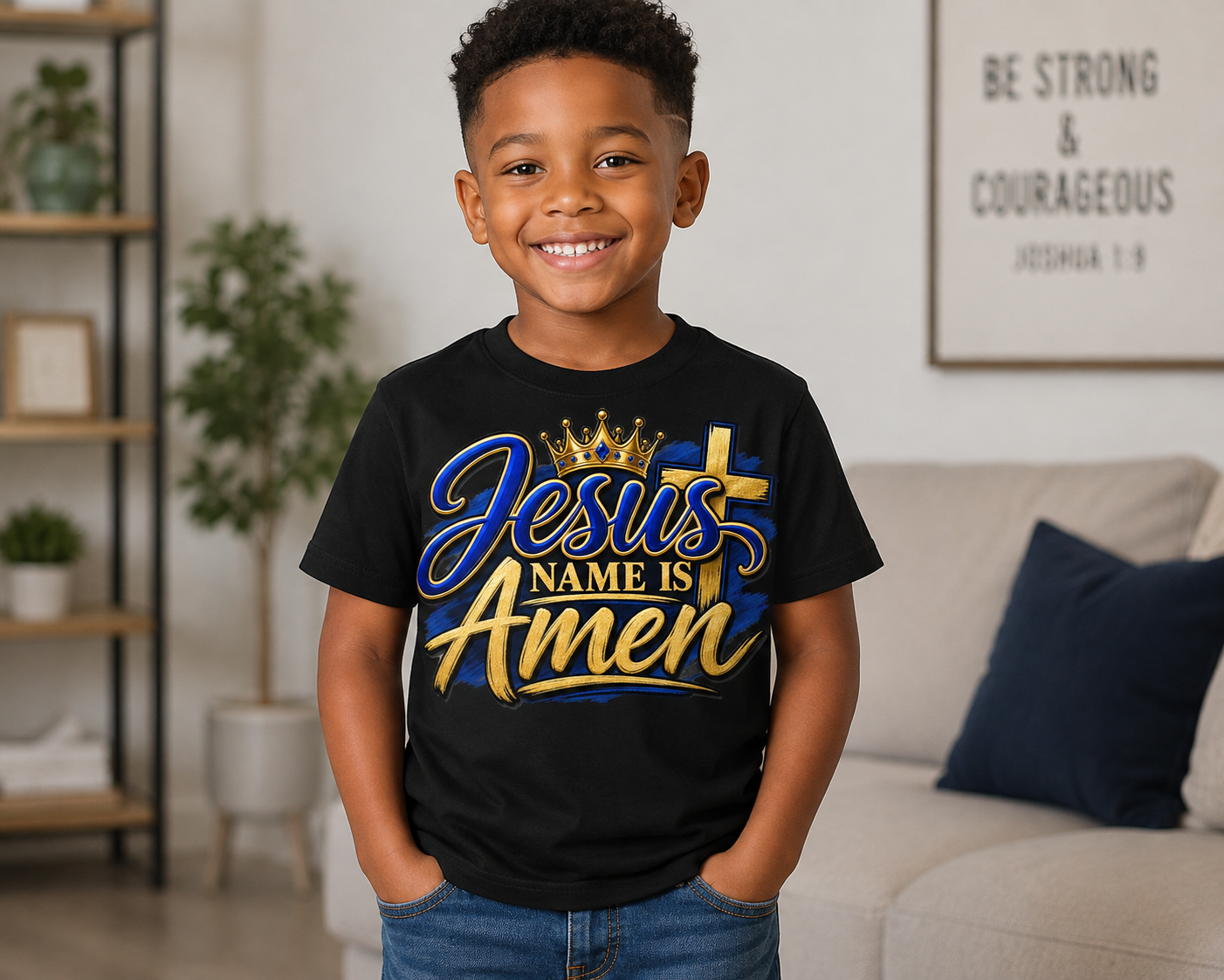 Smiling children wearing faith‑inspired t‑shirts featuring the phrase “Jesus Name Is Amen” with crown and cross designs in pi