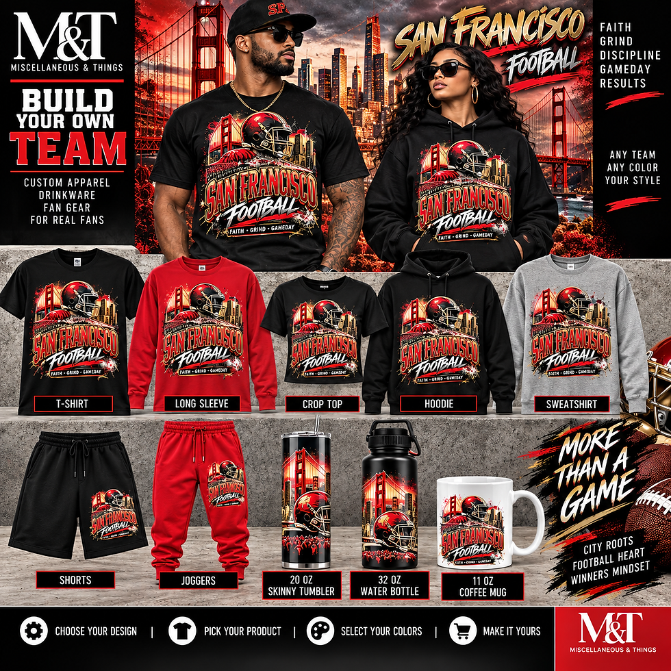 Thumbnail: San Francisco football T‑shirt featuring red helmet, Golden Gate Bridge, and skyline design with “Faith Grind Gameday” text i