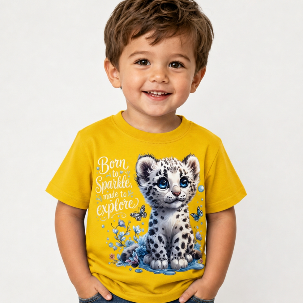 Thumbnail: Smiling toddler wearing a yellow t‑shirt featuring a cute baby leopard with big blue eyes and the phrase “Born to Sparkl
