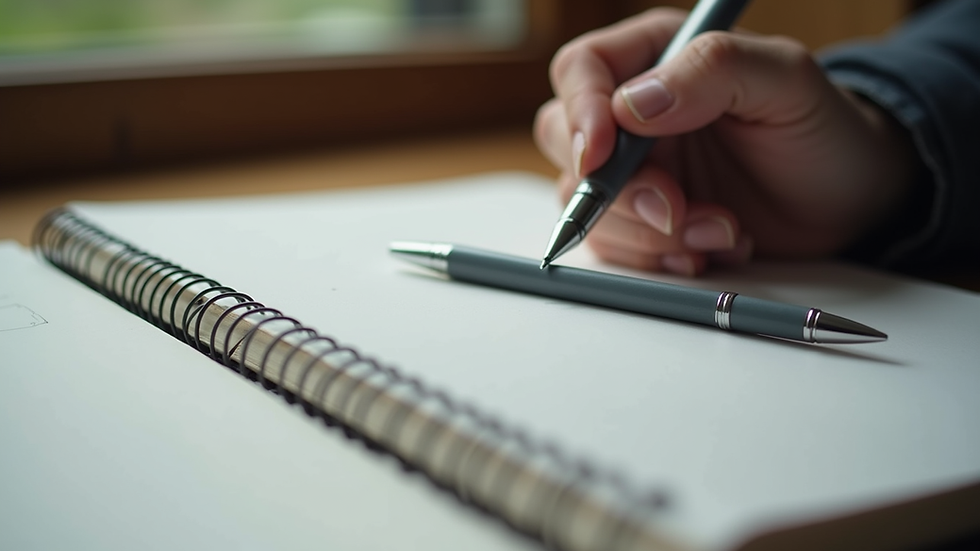 Close-up view of an open notebook with a pen resting on it