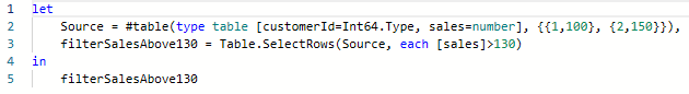 M language code for a table filtered with sales above 130