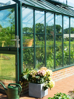 Glasshouse on a low wall and with Victorian ridge decoration