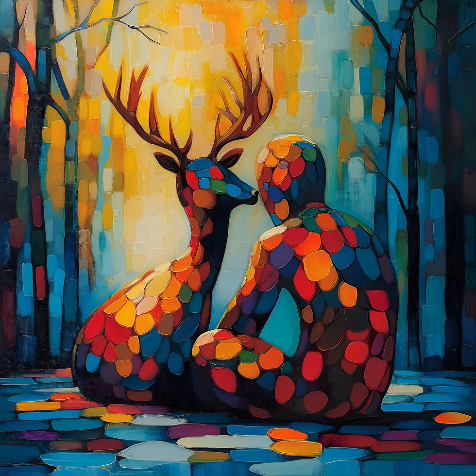 A digital painting featuring thick, expressive brushstrokes and a mosaic texture. At the center, a deer with prominent antlers and a human figure sit facing each other in a close, peaceful encounter. Their forms are filled with rounded, colorful patterns in warm and cool tones, contrasted by an abstract forest background where a bright golden light breaks through dark tree silhouettes.
