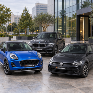 Volkswagen Polo, Ford Puma e BMW X3 num cenário urbano, representando diferentes motorizações, transmissões e sistemas de tração.