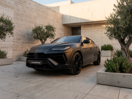 Lamborghini Urus S preto num pátio de arquitetura contemporânea