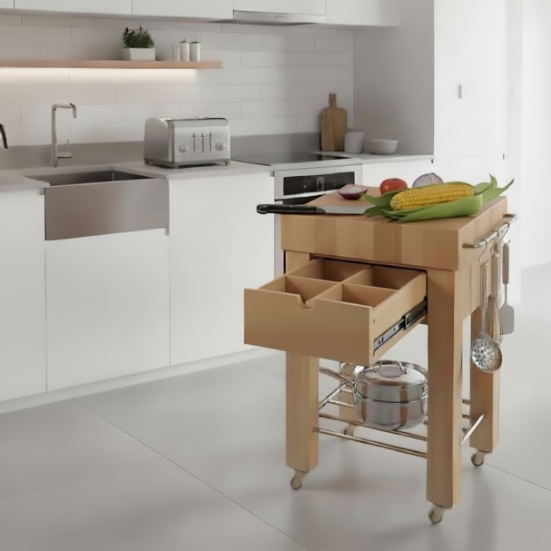 Mobile Butchers Block Drawer & Metalwork Shelf