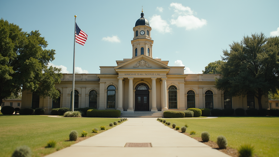 Eye-level view of a Texas county courthouse where tax deed auctions are held