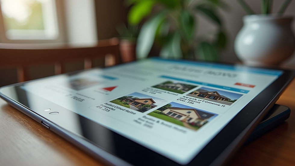 Close-up view of a tablet showing real estate auction listings
