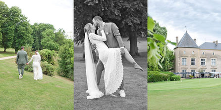 trois images d'un mariage dans le parc verdoyant d'un ancien chateau, avec un couple de marié élégant.