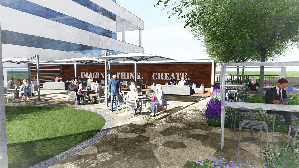 3D rendering of an outdoor corporate patio featuring cafe tables, umbrellas, professionals working, and a wood wall displaying the text IMAGINE. THINK. CREATE..