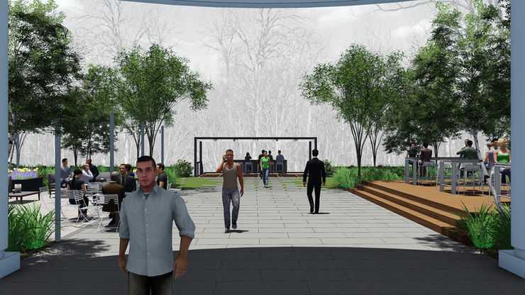 3D rendering of an outdoor corporate lounge featuring a covered bar, high-top seating, and wood decking surrounded by lush trees.
