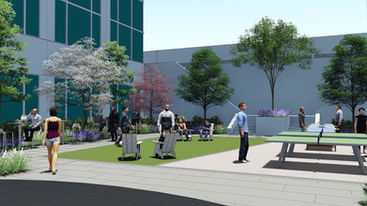 3D rendering of a sunny corporate courtyard featuring an artificial turf lawn with Adirondack chairs, outdoor ping pong tables, and modern office buildings.